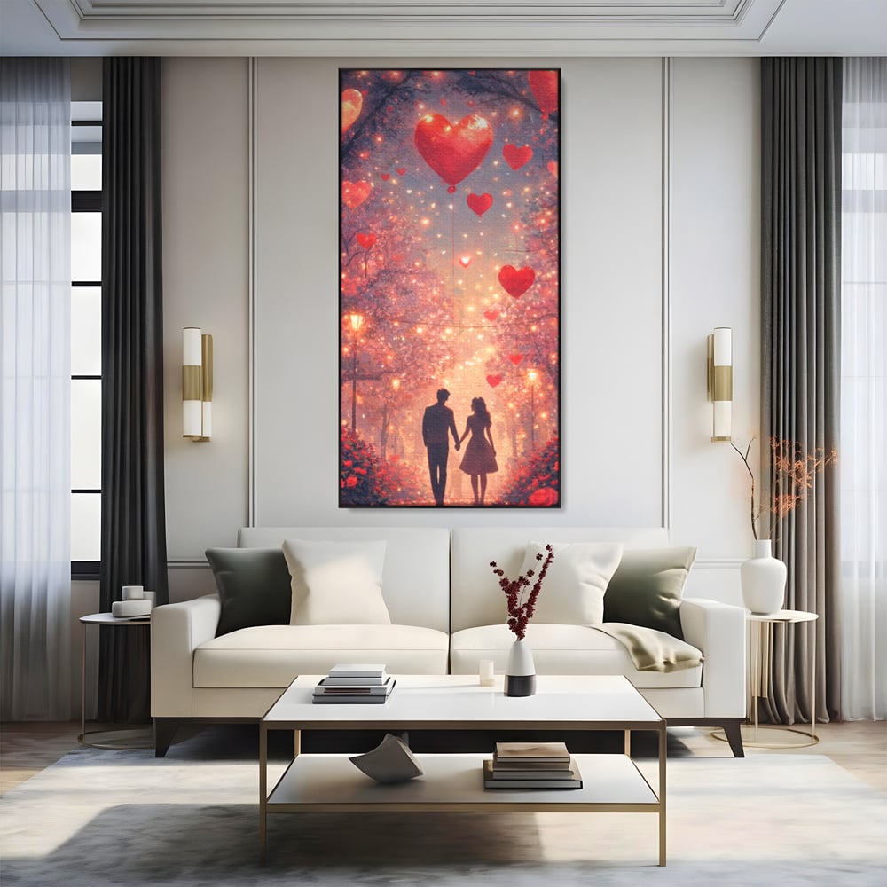 Tablou canvas cu ilustratie cu un cuplu pe alee, in rama de aluminiu negru, pe perete intr-un living